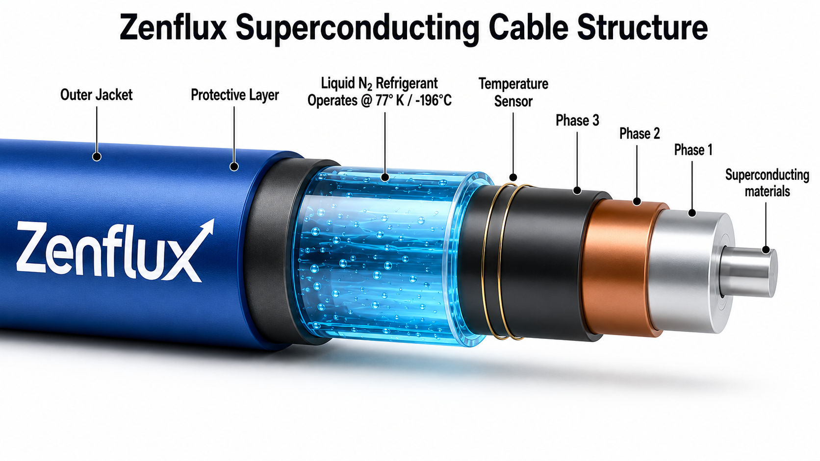 Zenflux superconducting cable structure — outer jacket, protective layer, liquid nitrogen refrigerant, temperature sensor, three phases and superconducting core