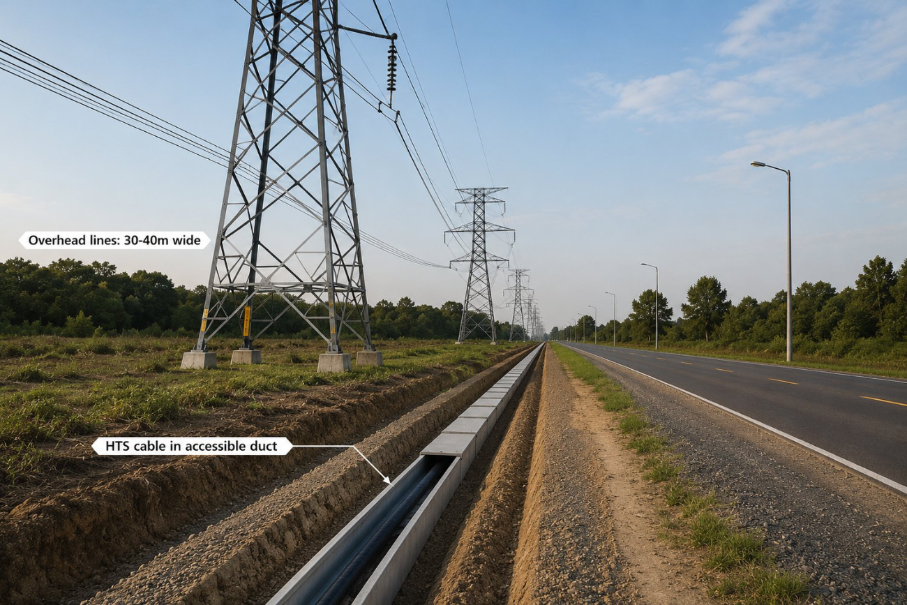 Overhead transmission lines versus a slim underground HTS duct