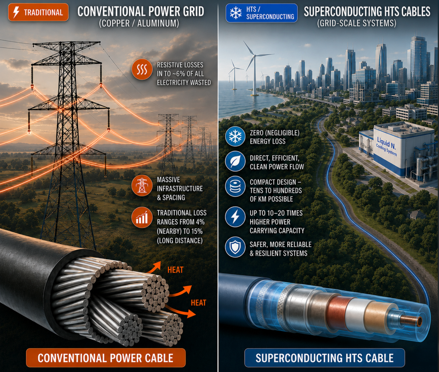 Conventional power grid (copper/aluminium) versus superconducting HTS cables at grid scale: conventional lines waste up to ~6% of all electricity as heat and need massive infrastructure, while HTS cables deliver zero energy loss, direct clean power flow, compact routes of tens to hundreds of km, 10-20x higher power capacity, and safer, more resilient systems.