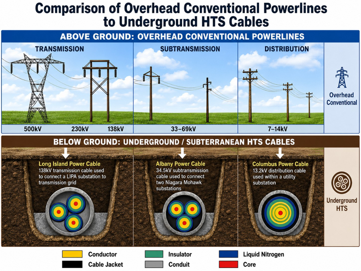 Overhead transmission versus slim underground HTS route, already running at grid scale in major cities
